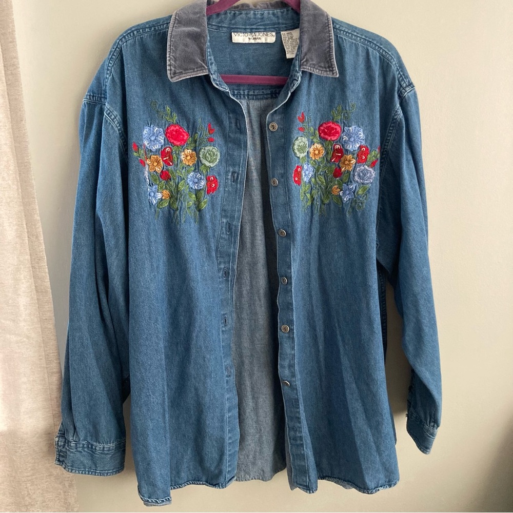 Vintage floral denim velvet color cotton button up shirt